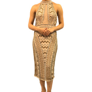 Abiye, midi boy, halter kol, bej tül üzerine gri ve gold rengi boncuk ve payet işleme, jarse astar...