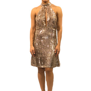 Abiye, kısa halter kol, bej jarse astar üzerine pembe bej payet işleme, jarse astar